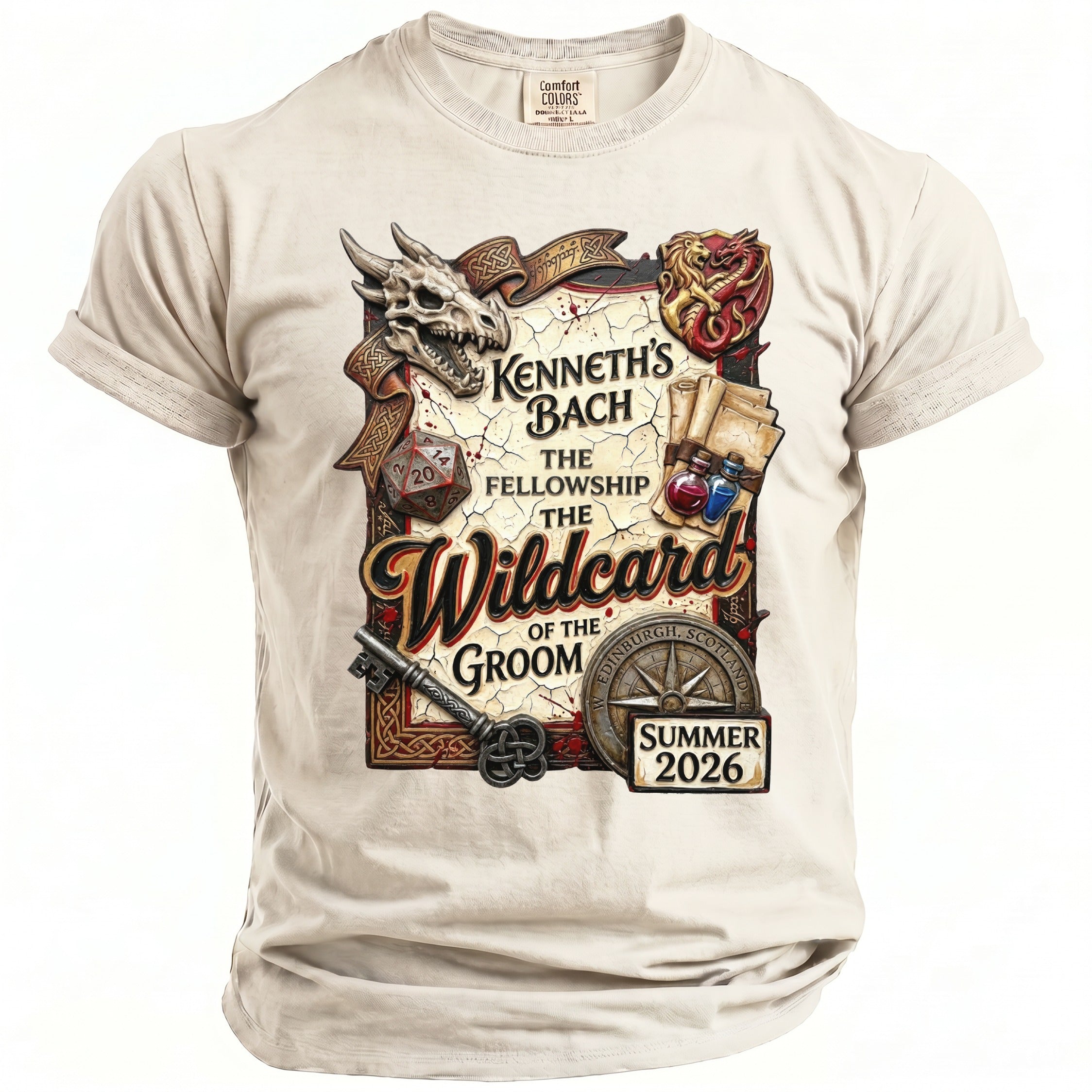 T-shirt with "Kenneth's Bach The Fellowship The Wildcard of the Groom" graphic and Summer 2026.