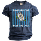 Navy shirt with graphic "Another One Bites The Dust" and "Single Life" can.