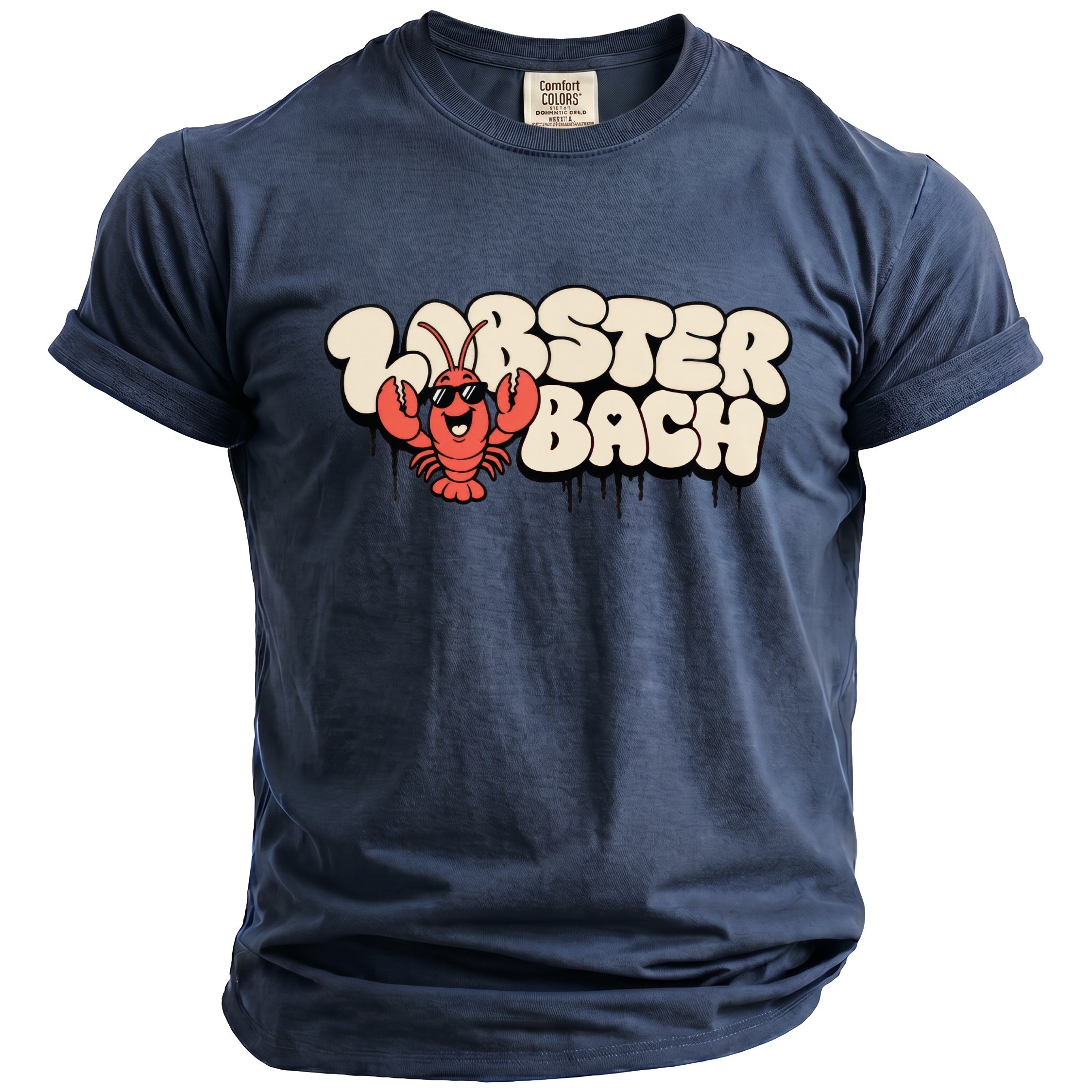 Navy blue t-shirt with a cartoon lobster and "Lobster Bach" text.