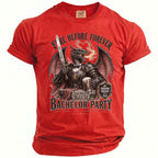 Red t-shirt with a dragon holding a sword, mug, and text "Fire Before Forever Bachelor Party".