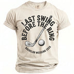 T-shirt with "Last Swing Before the Ring" golf graphic and "Bachelor Weekend 2026" text.