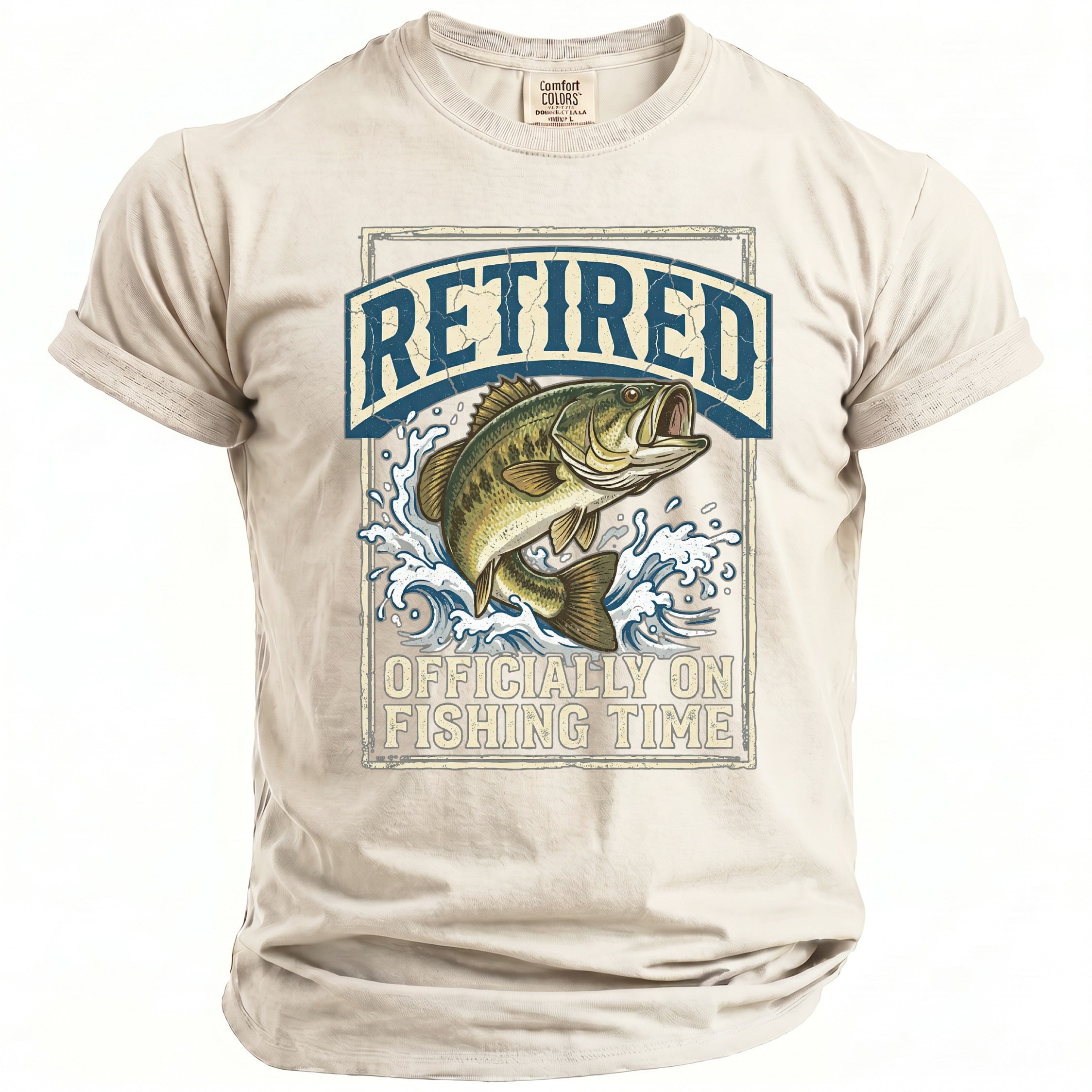 T-shirt with graphic of bass fish jumping out of water, text "RETIRED OFFICIALLY ON FISHING TIME".