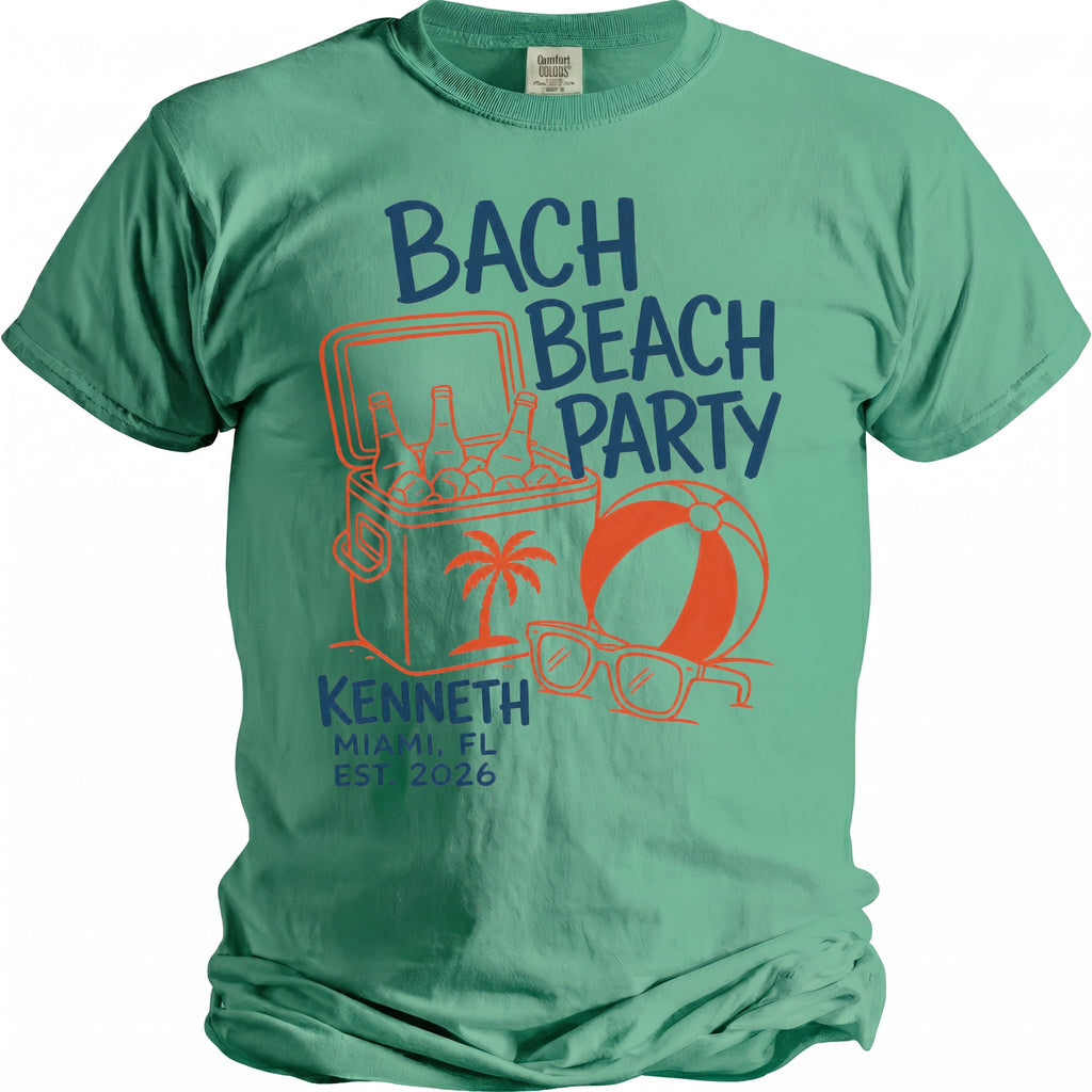 Green t-shirt with "BACH BEACH PARTY" beach graphic, KENNETH, MIAMI, FL EST. 2026.