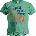 Green t-shirt with "BACH BEACH PARTY" beach graphic, KENNETH, MIAMI, FL EST. 2026.