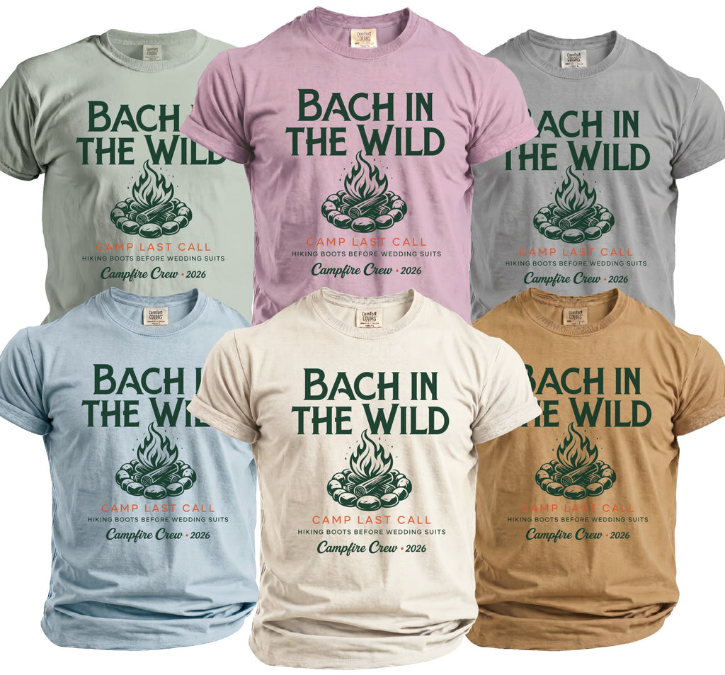 T-shirts with "Bach in the Wild" text, campfire graphic, and "Campfire Crew 2026".
