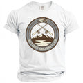 White t-shirt with "Retired Anglers Club" logo featuring fishing rods, mountains, and a fish.