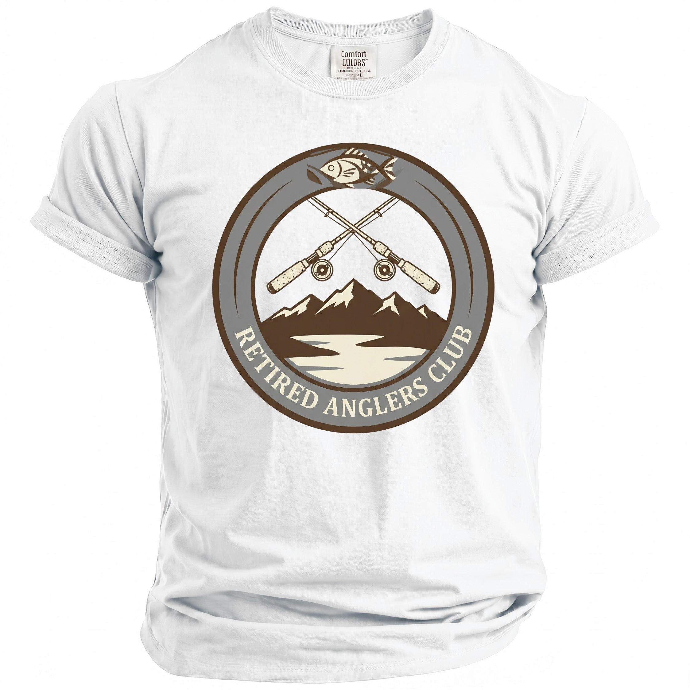 White t-shirt with "Retired Anglers Club" logo featuring fishing rods, mountains, and a fish.