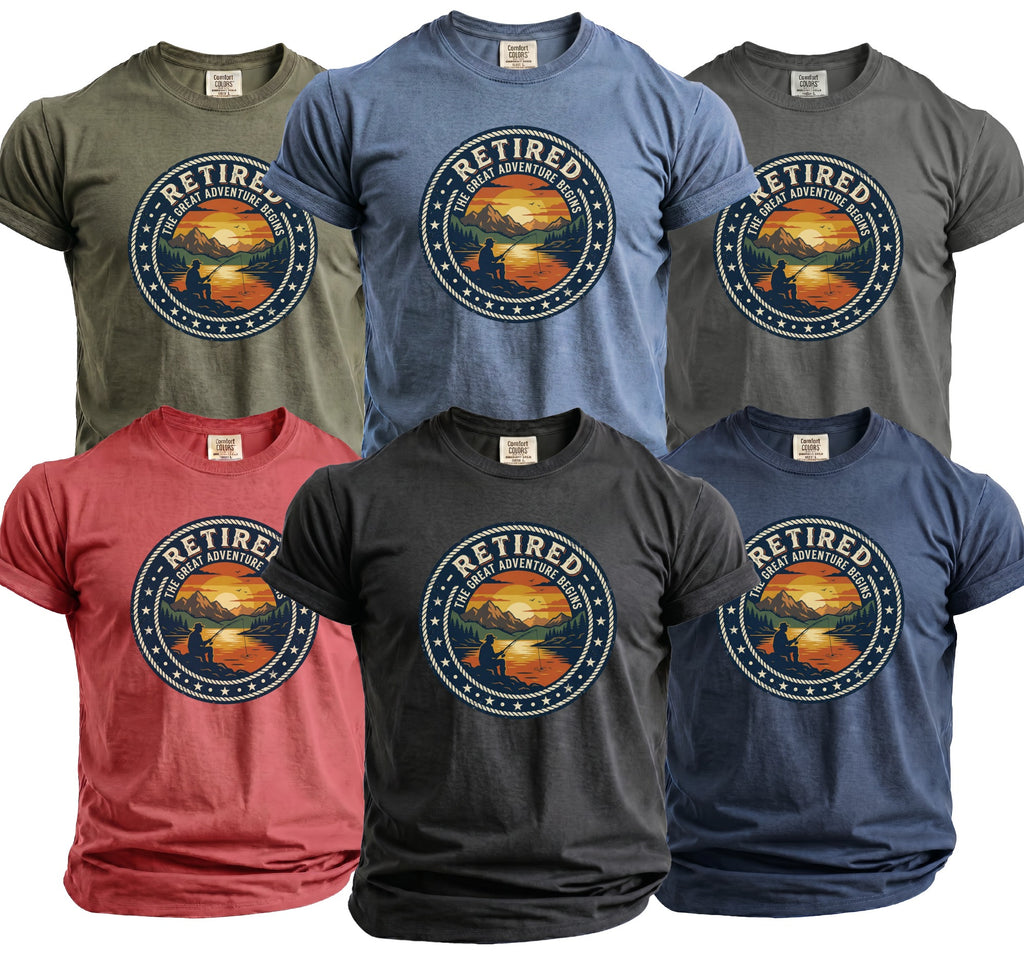 T-shirts in multiple colors featuring a circular graphic of a fisherman at sunset.