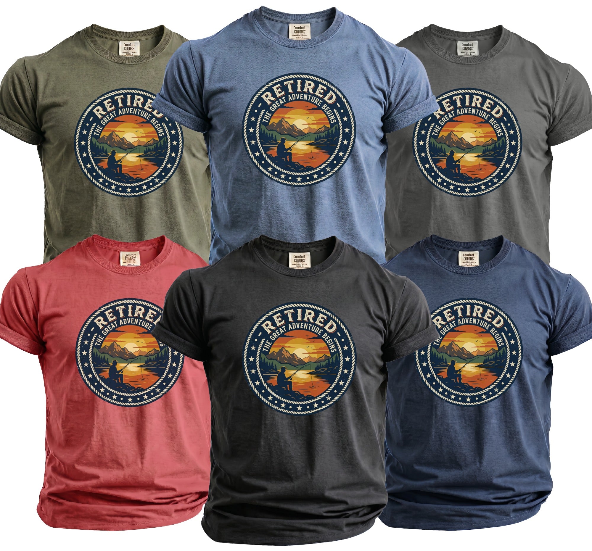 T-shirts in multiple colors featuring a circular graphic of a fisherman at sunset.