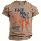 Brown t-shirt with "Bach Beach Party" graphic featuring a cooler, palm tree, and beach ball.