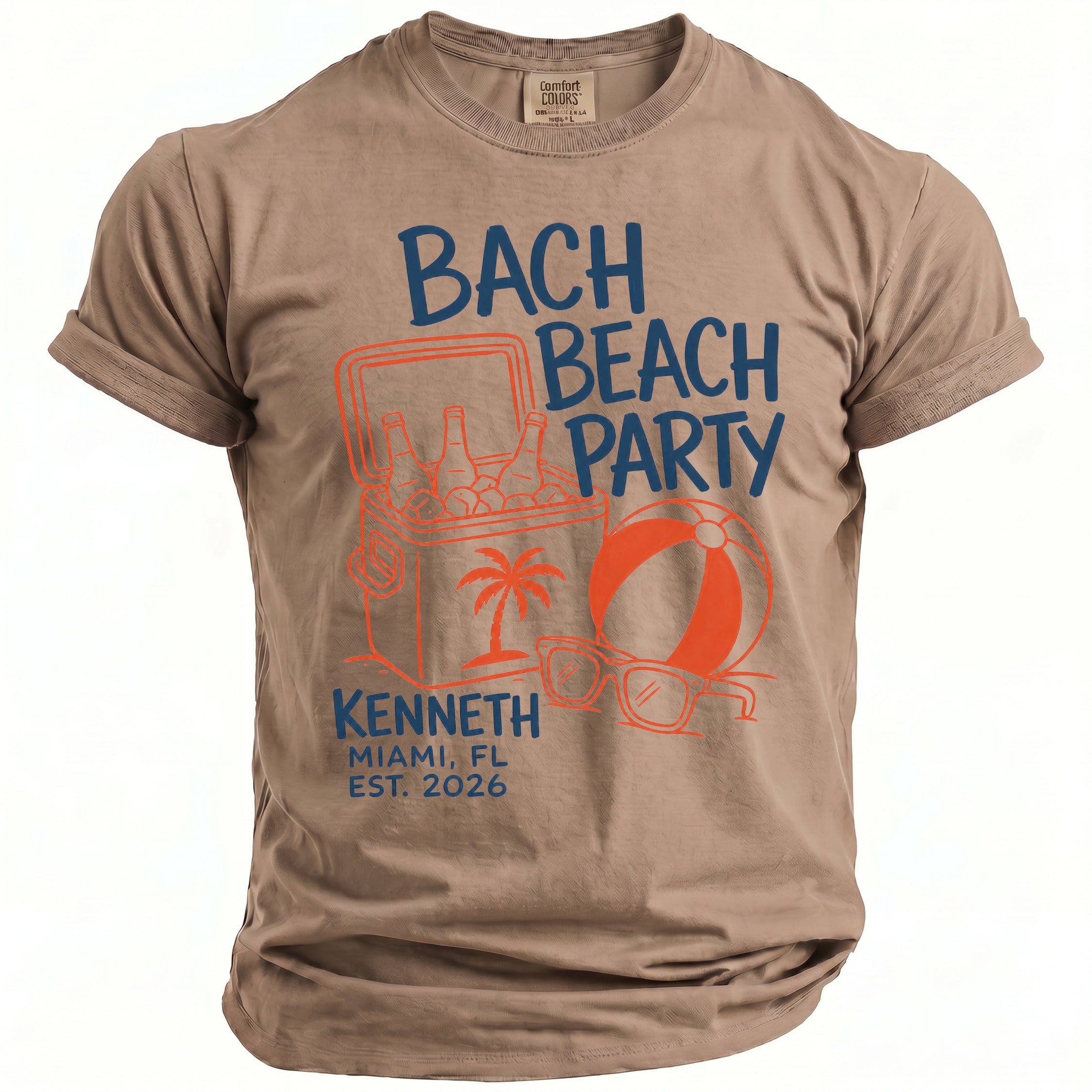 Brown t-shirt with "Bach Beach Party" graphic featuring a cooler, palm tree, and beach ball.