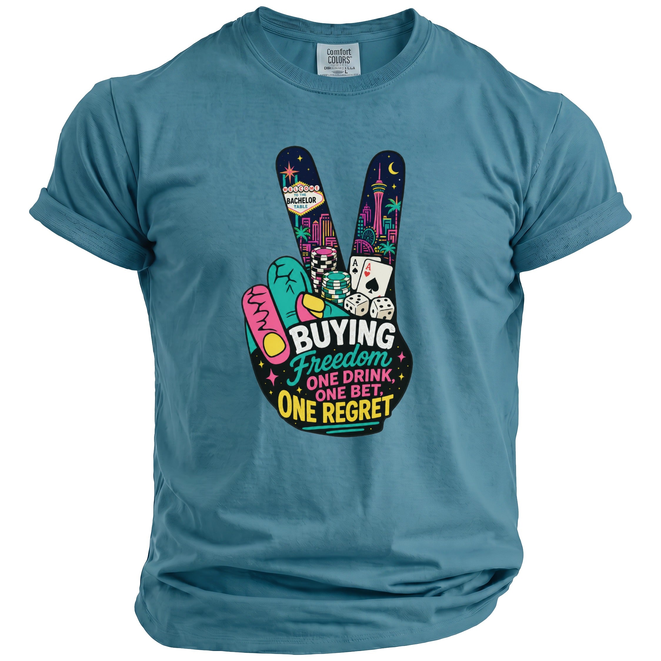 T-shirt with a peace sign graphic featuring casino elements and text "BUYING FREEDOM ONE DRINK, ONE BET, ONE REGRET".