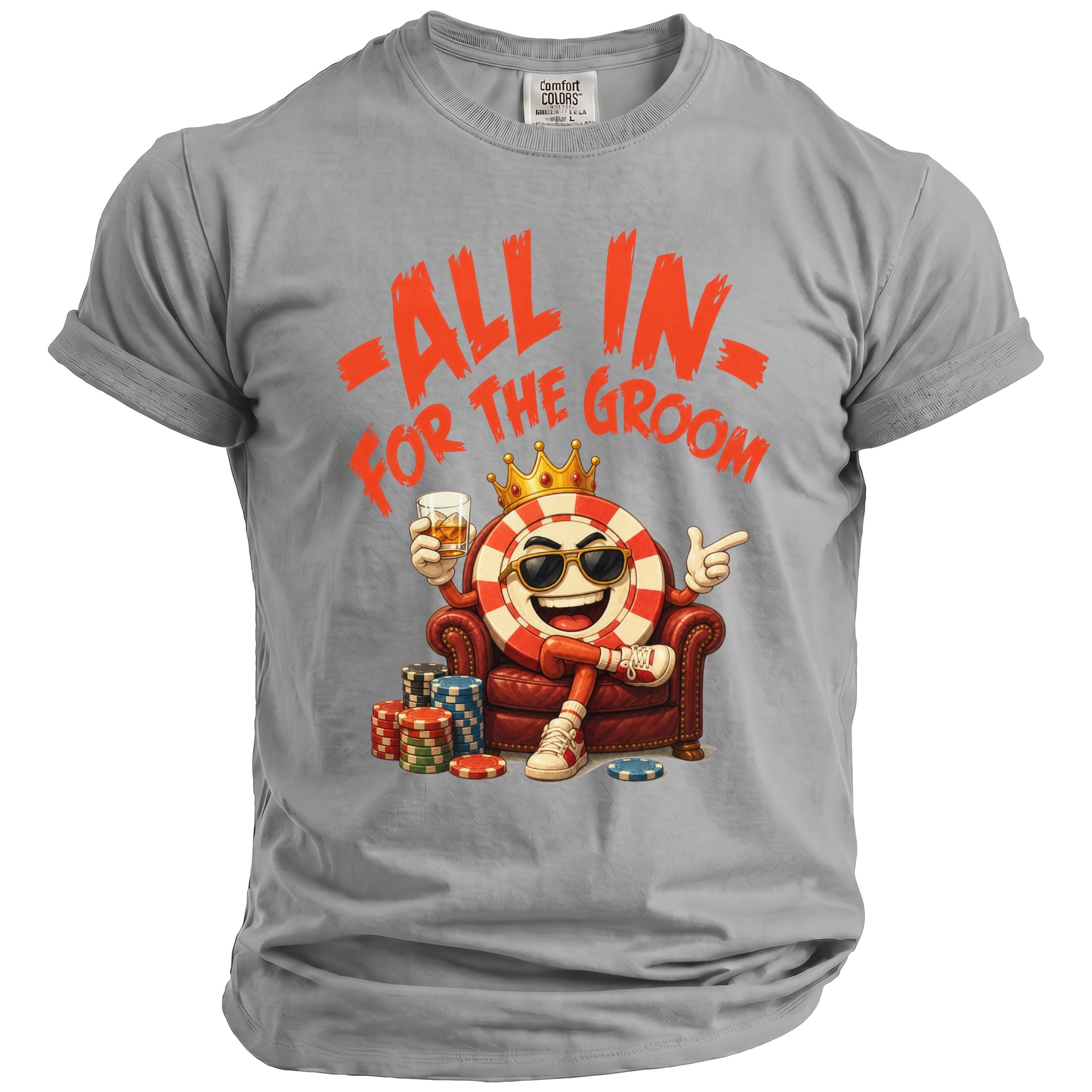 T-shirt with text "ALL IN FOR THE GROOM" and a cartoon poker chip character.