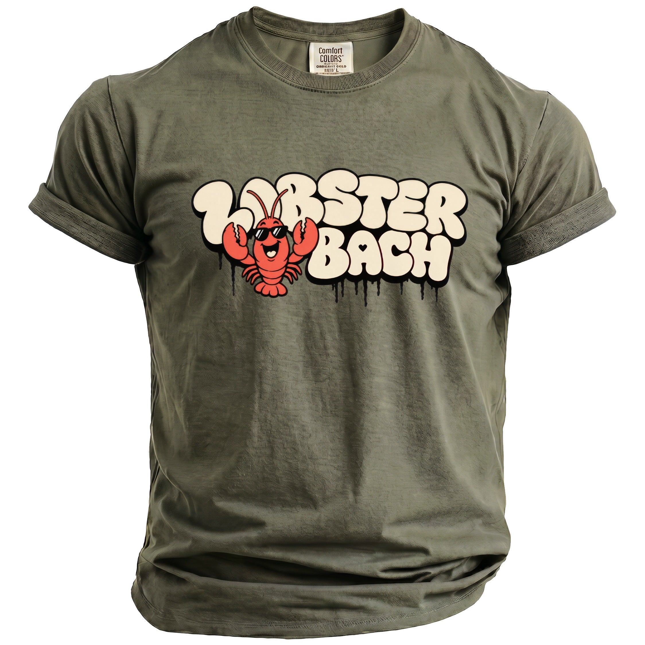 Olive green Comfort Colors t-shirt with a cartoon lobster and "Lobster Bach" text.