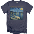 Navy t-shirt with "CAFFEINE & CREATIVE" above Van Gogh-style starry night with coffee and notebook.