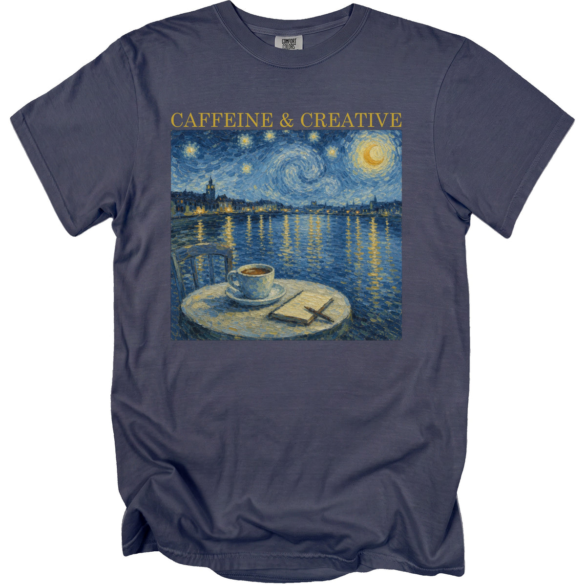 Navy t-shirt with "CAFFEINE & CREATIVE" above Van Gogh-style starry night with coffee and notebook.