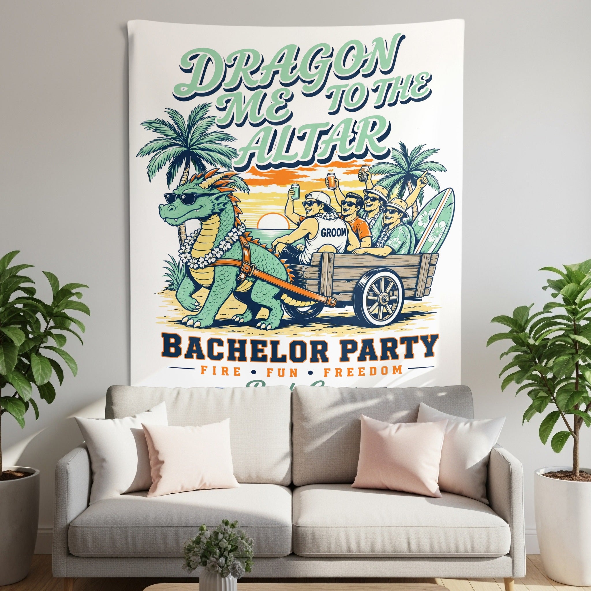 Dragon Me to the Altar bachelor party tapestry with beach scene.