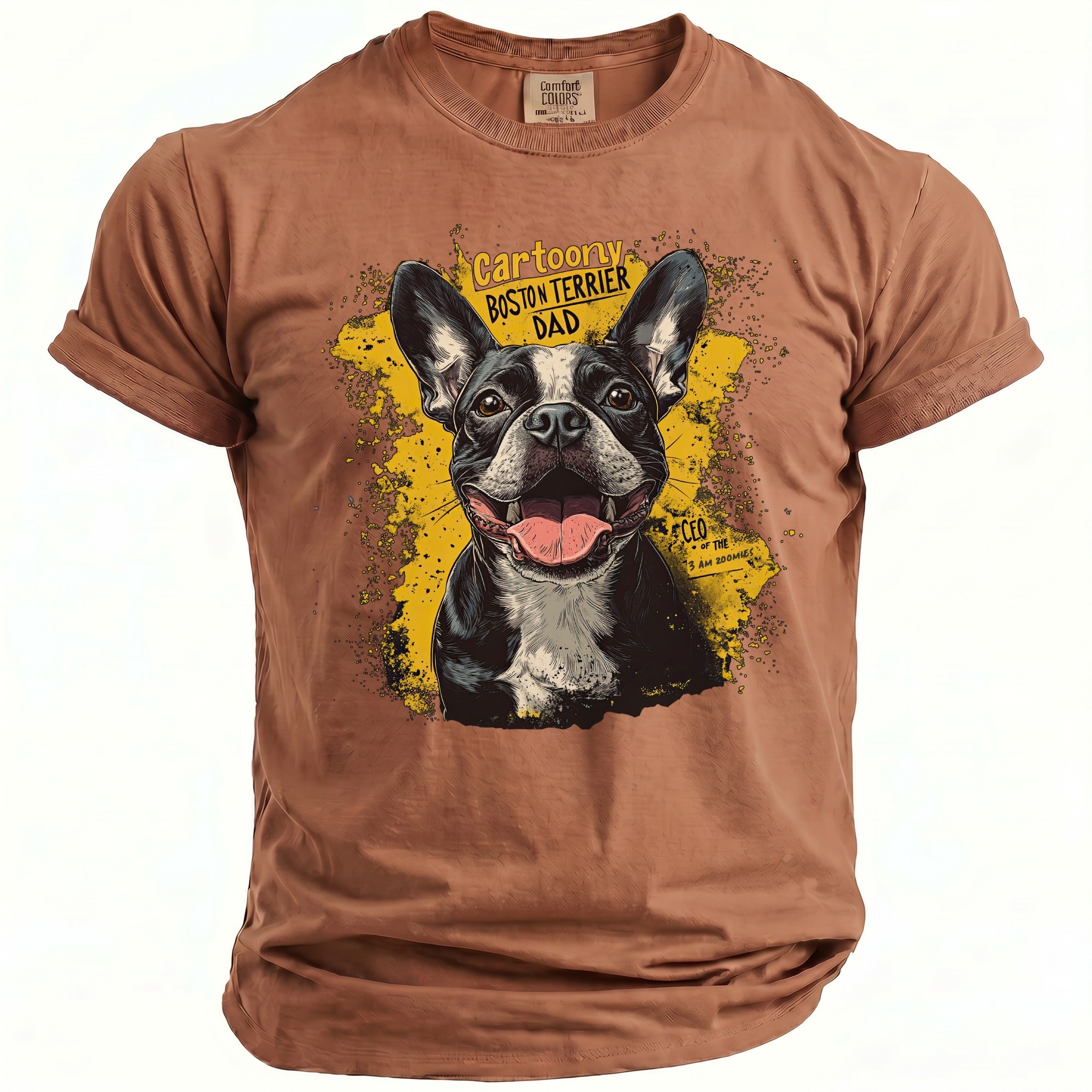Brown t-shirt with a cartoon Boston Terrier Dad graphic and text.