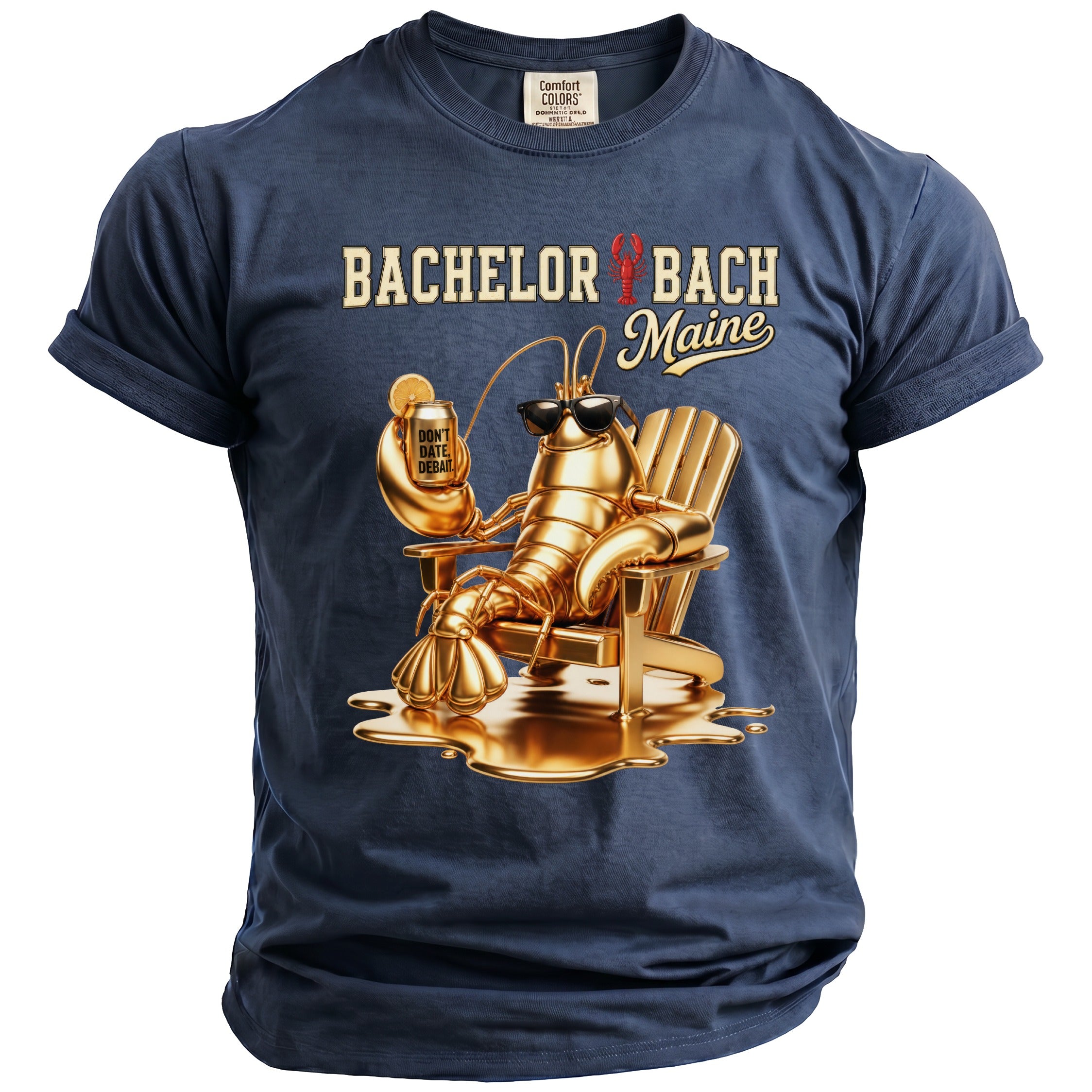 Dark blue t-shirt with gold lobster holding a drink, text reads "Bachelor Bach Maine".