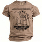 T-shirt with graphic of a dragon golfing, "Last Swing Before the Ring" and "Bachelor Golf Weekend".