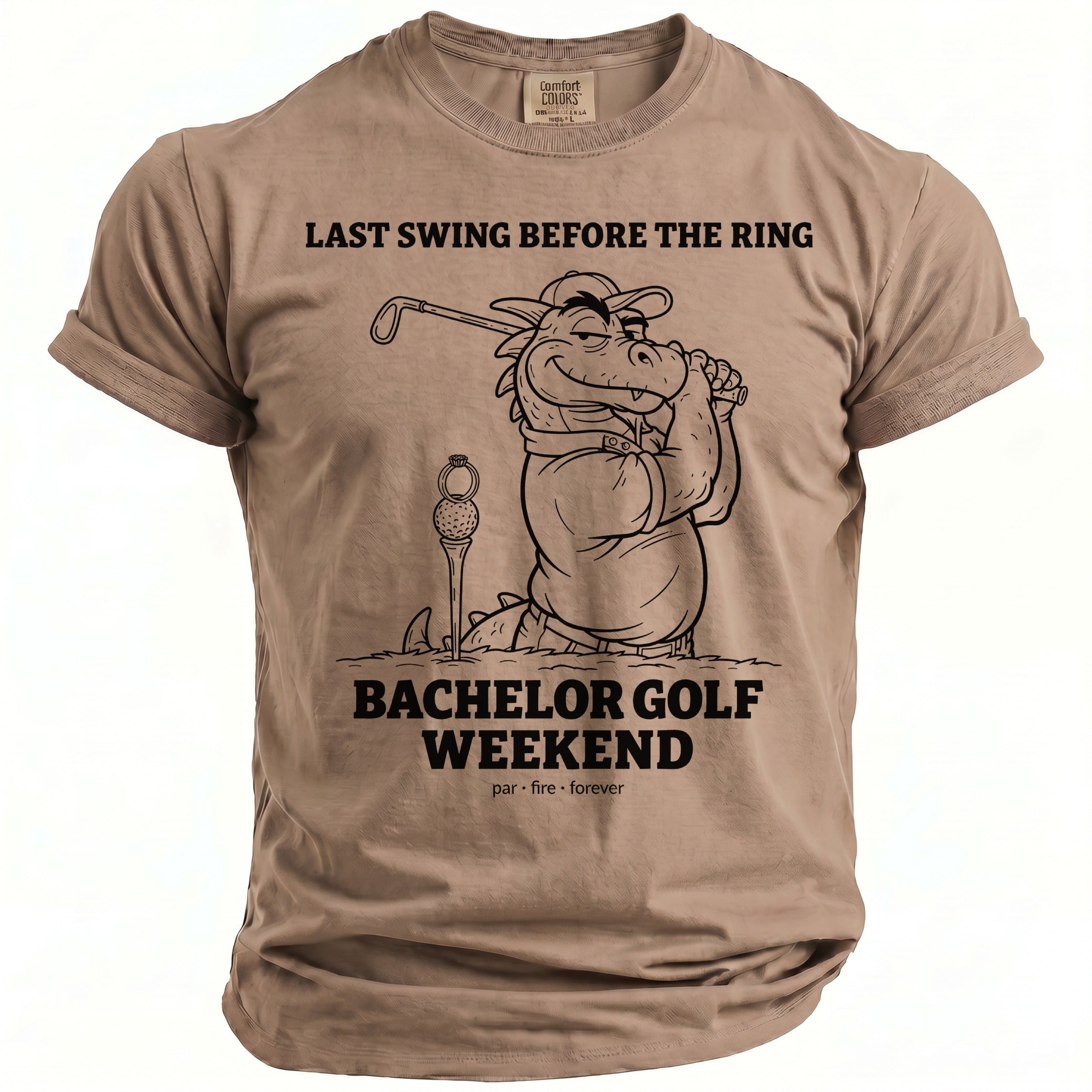 T-shirt with graphic of a dragon golfing, "Last Swing Before the Ring" and "Bachelor Golf Weekend".