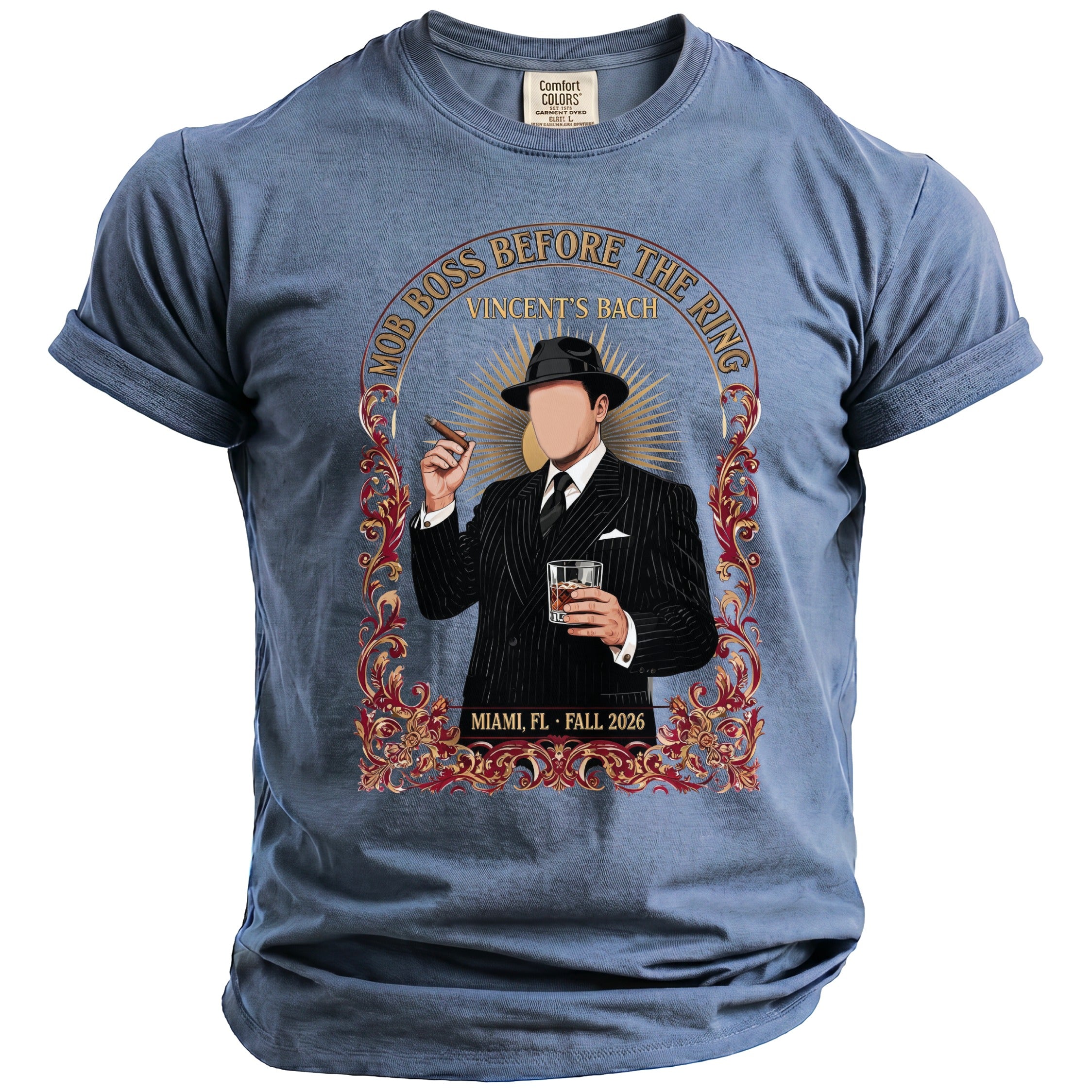 T-shirt with graphic of man in suit holding cigar and drink. Text: "MOB BOSS BEFORE THE RING VINCENT'S BACH".