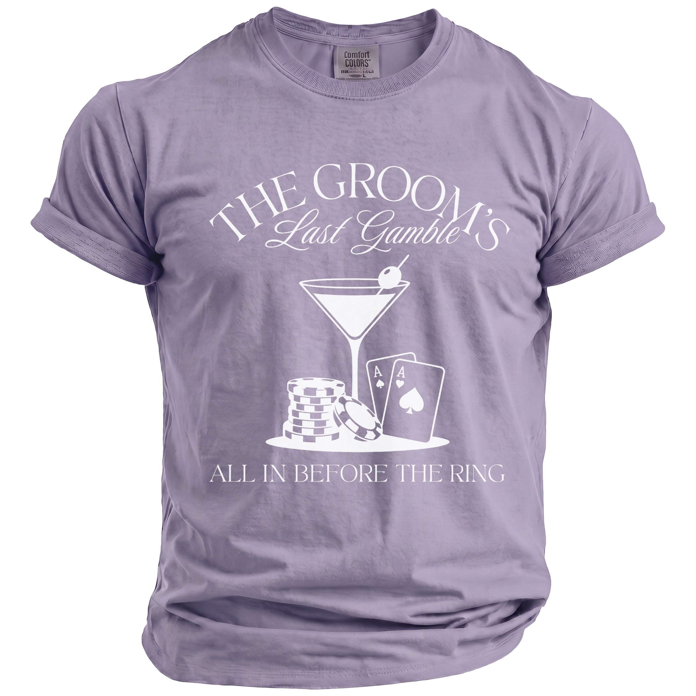Purple t-shirt with white text and graphics of a martini, poker chips, and playing cards.