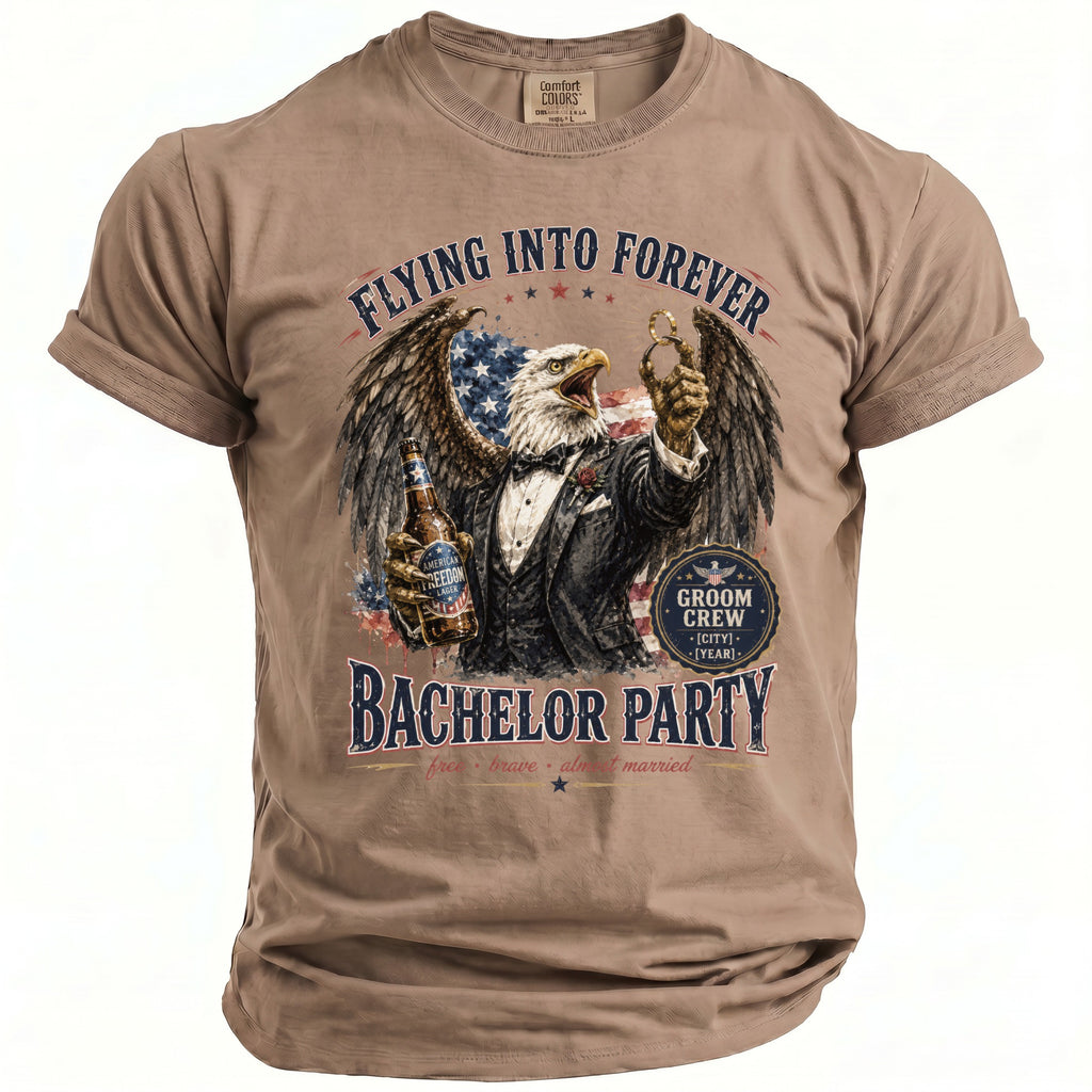 Eagle in a suit holding beer and ring, "Flying Into Forever Bachelor Party" text.
