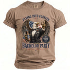 Eagle in a suit holding beer and ring, "Flying Into Forever Bachelor Party" text.