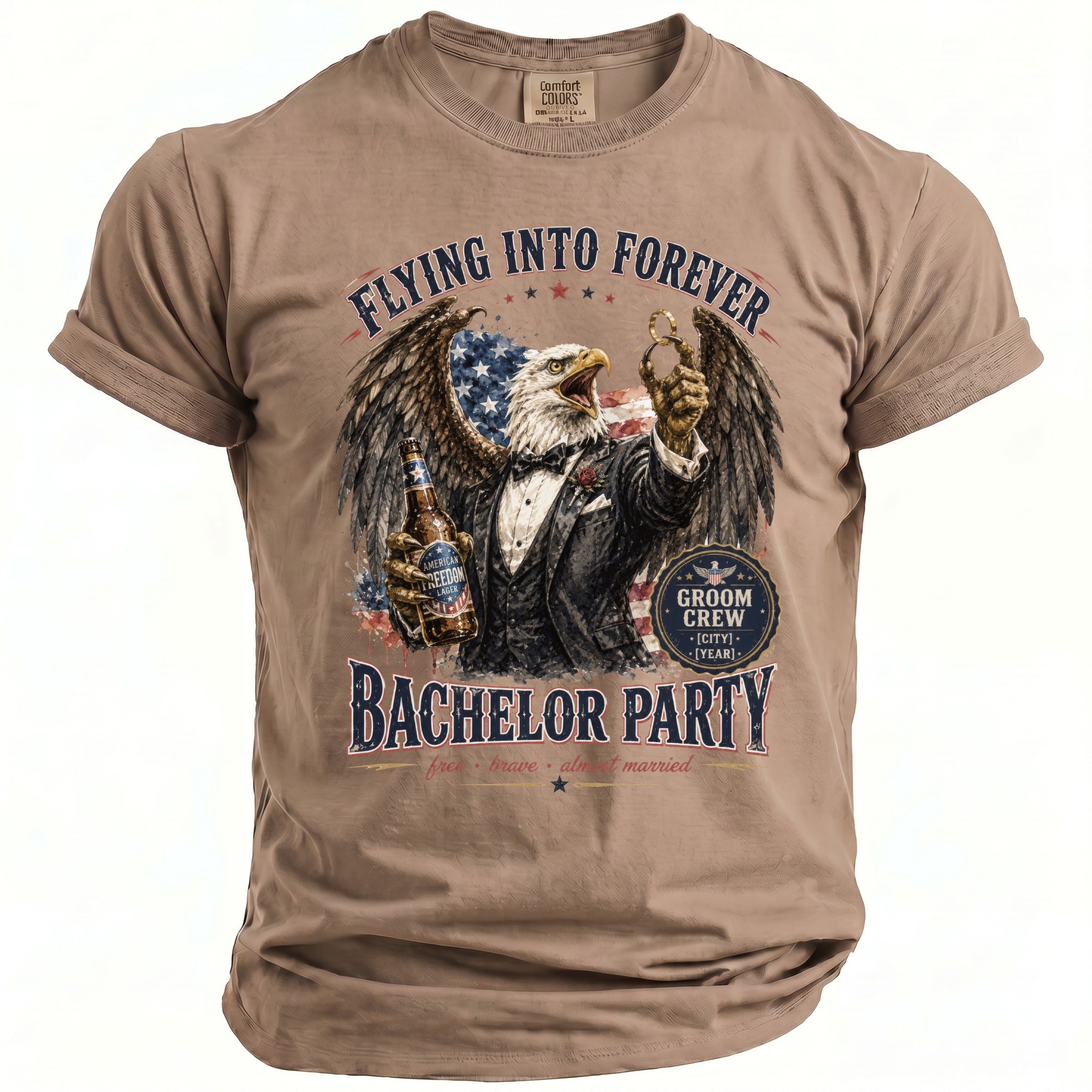 Eagle in a suit holding beer and ring, "Flying Into Forever Bachelor Party" text.