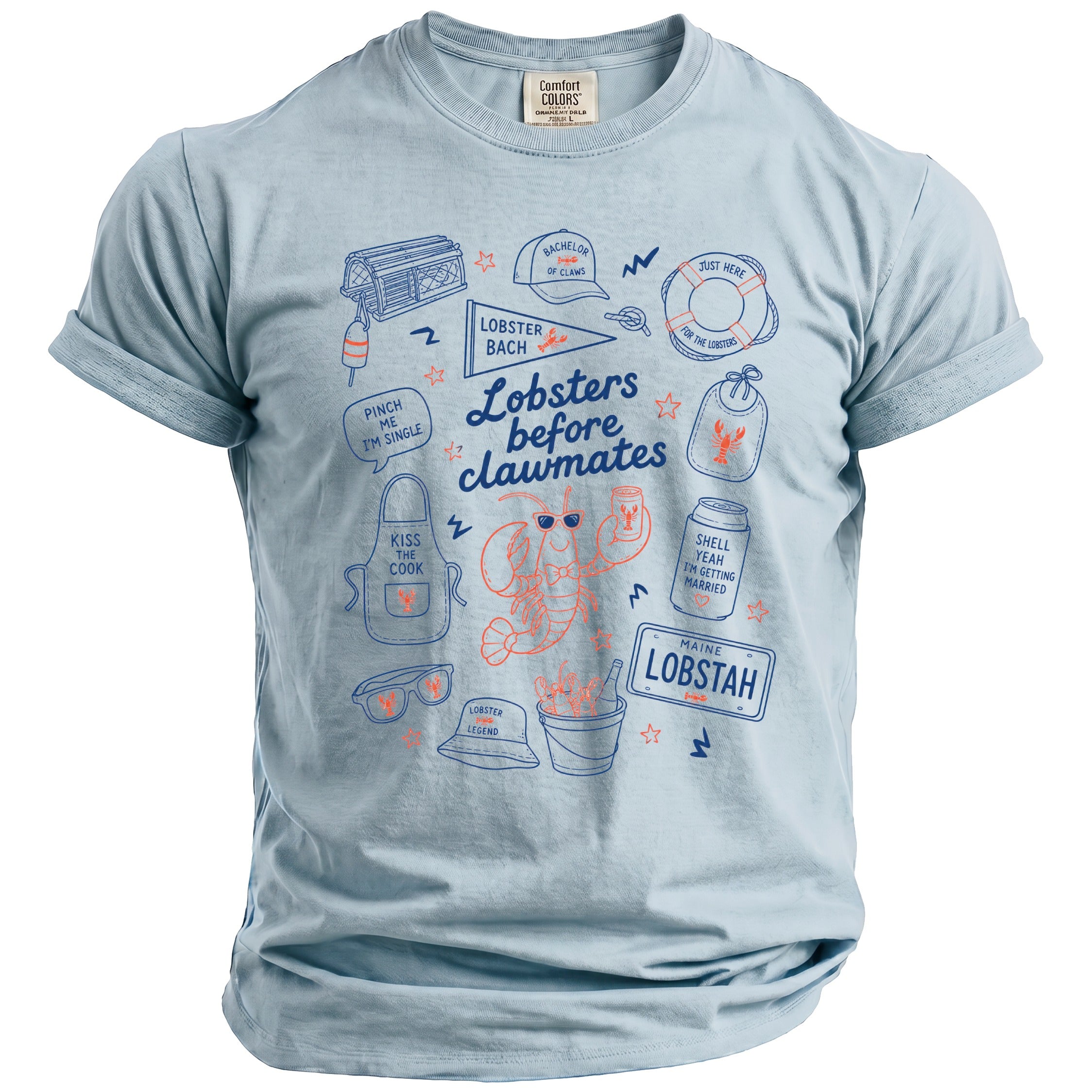 Light blue t-shirt with "Lobsters before clawmates" text and cartoon lobster graphics.