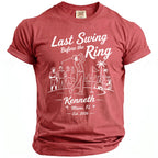 Red t-shirt with "Last Swing Before the Ring Kenneth Miami, FL Est. 2026" golf graphic.
