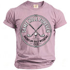 Pink t-shirt with circular design: "Same Hole Forever Bachelor Golf Weekend 2026"