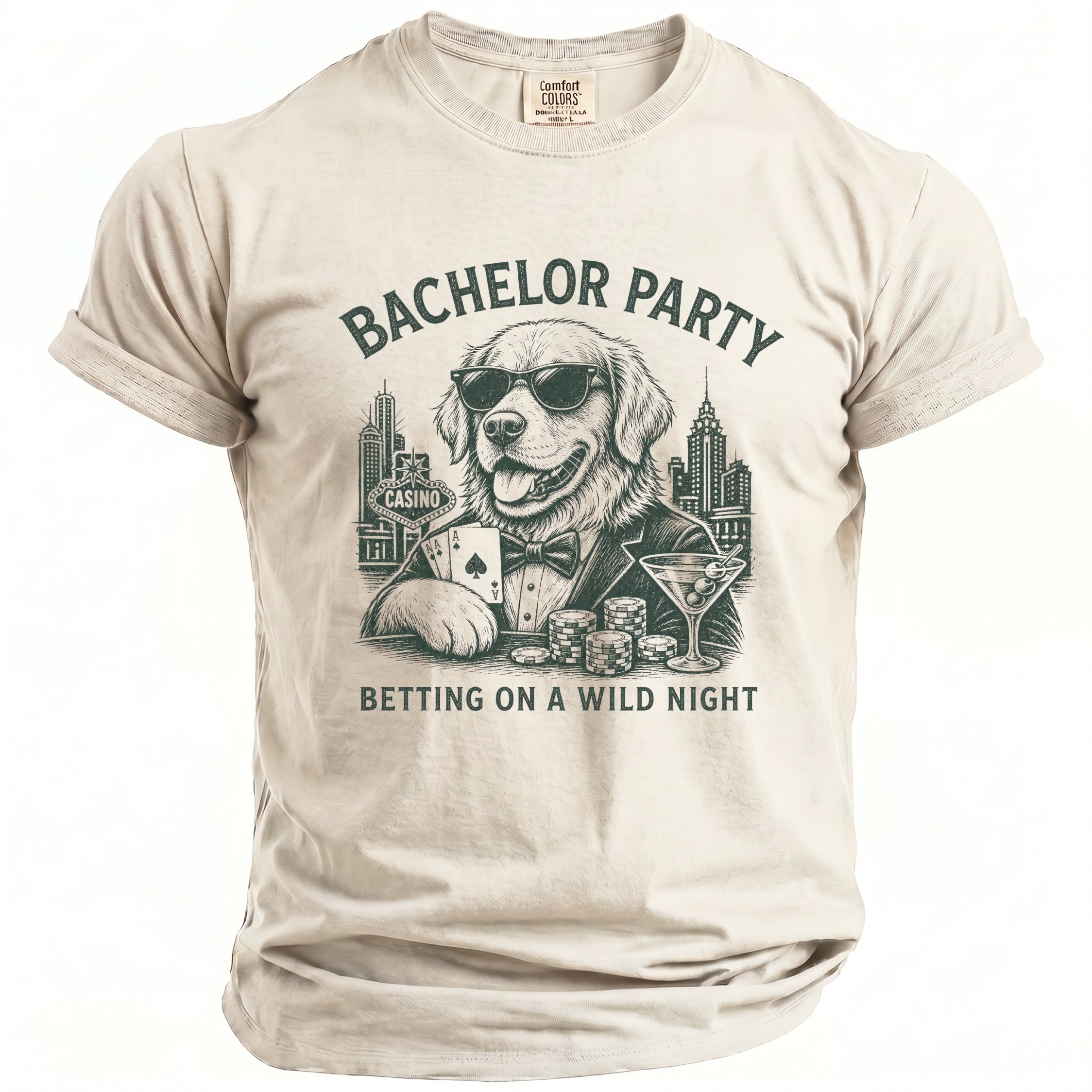 T-shirt with a dog at a casino table, text: BACHELOR PARTY BETTING ON A WILD NIGHT.
