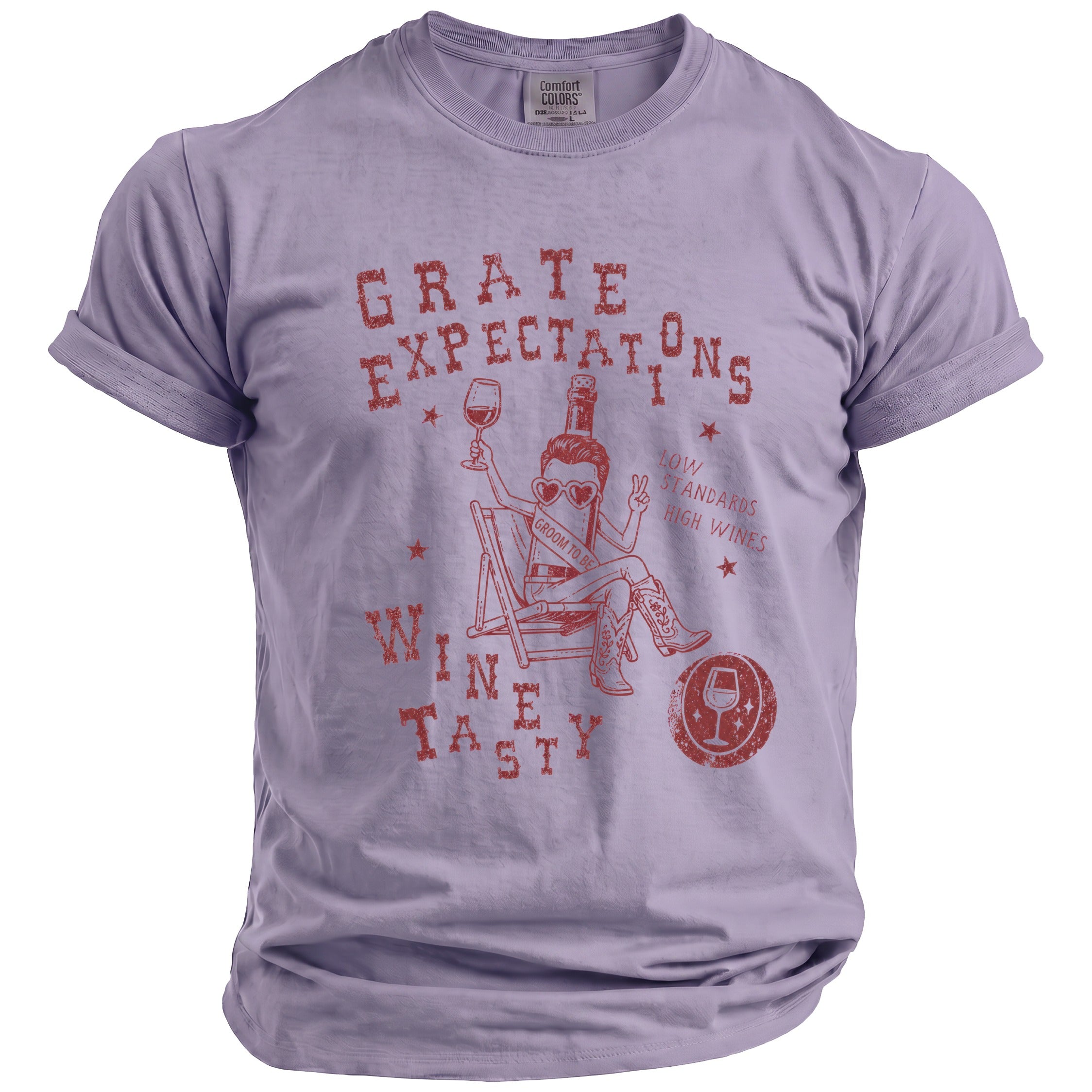 Lavender t-shirt with red distressed graphic "GRATE EXPECTATIONS" and a wine bottle character.