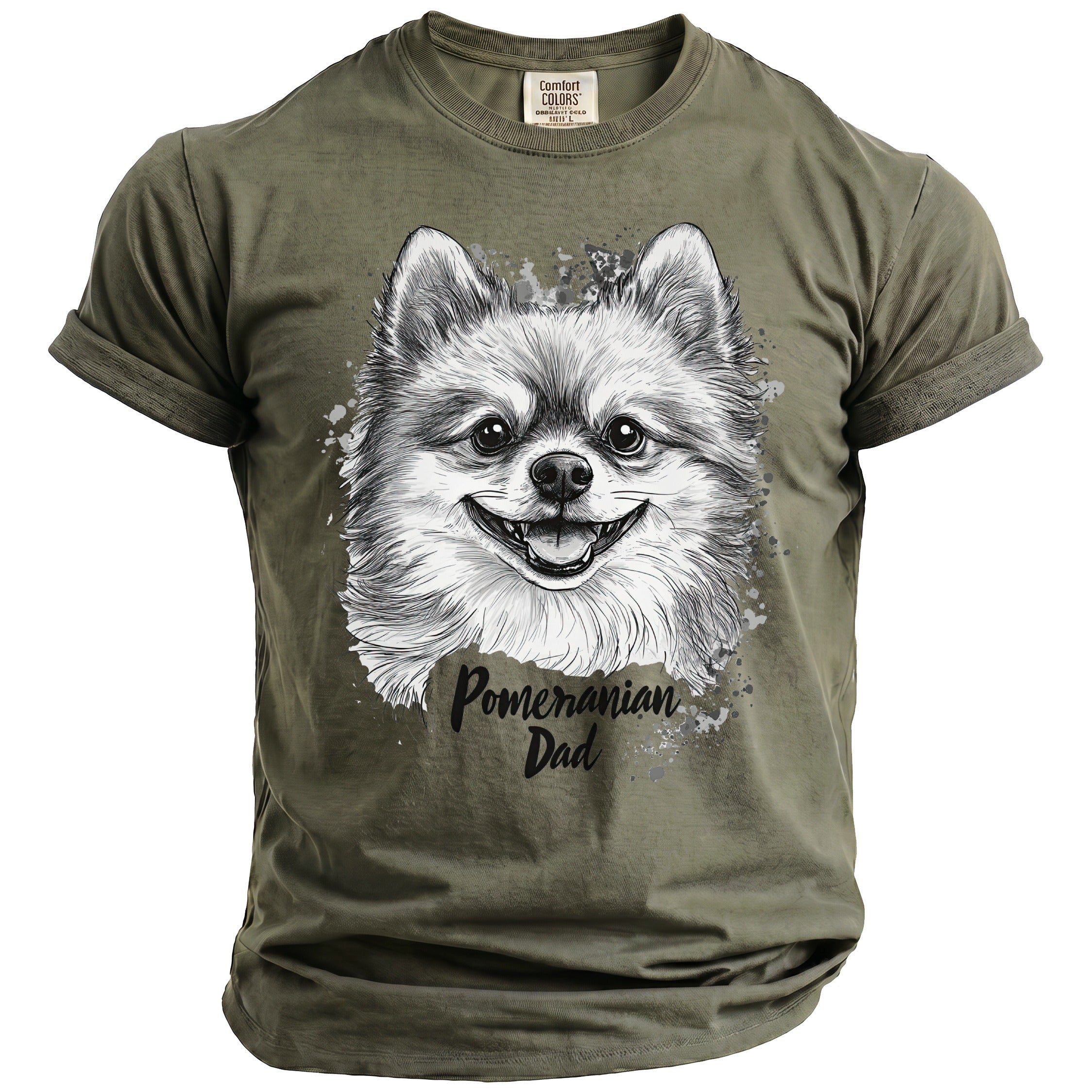 Olive green t-shirt with a Pomeranian dog graphic and "Pomeranian Dad" text.