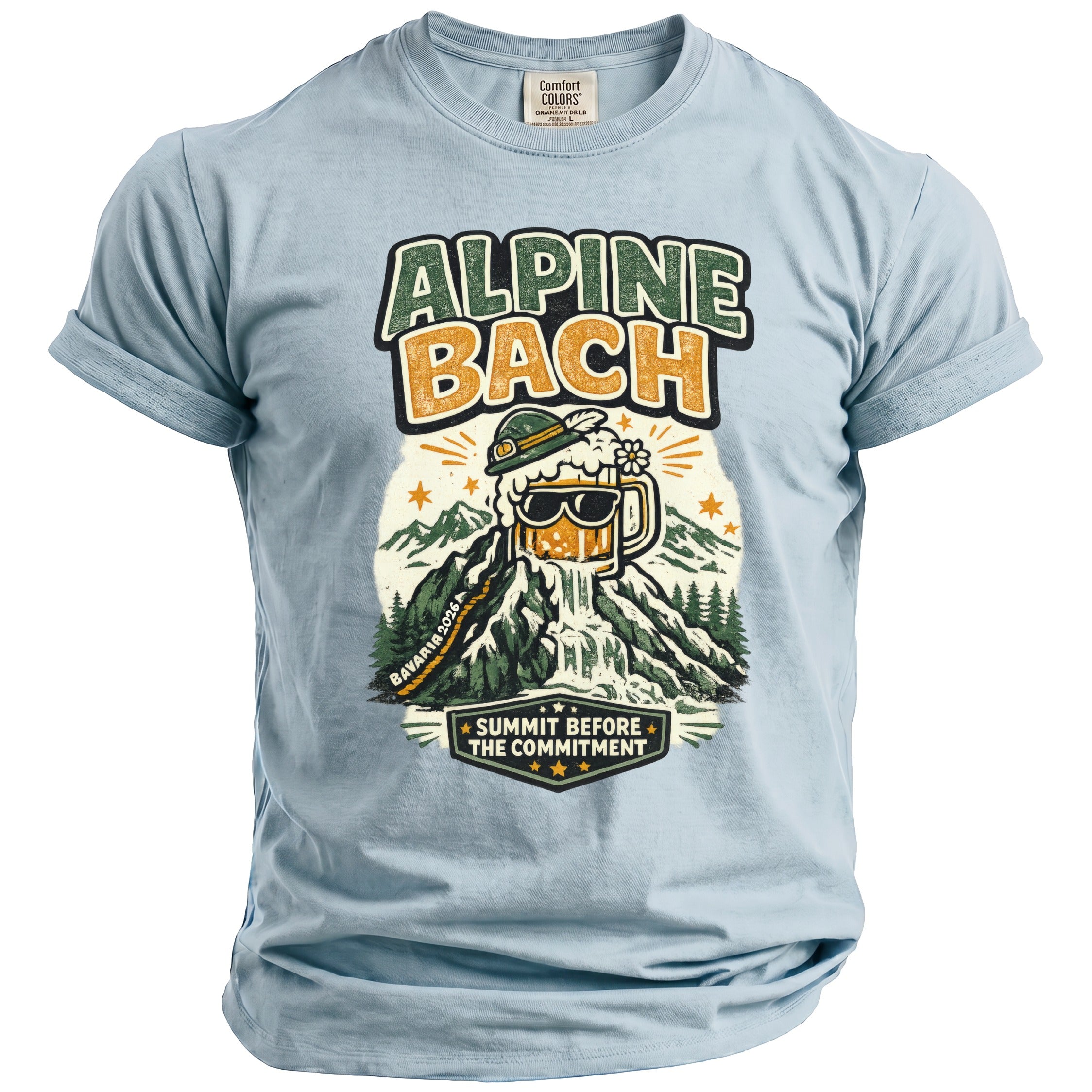 Light blue t-shirt with graphic featuring "ALPINE BACH" and "SUMMIT BEFORE THE COMMITMENT".
