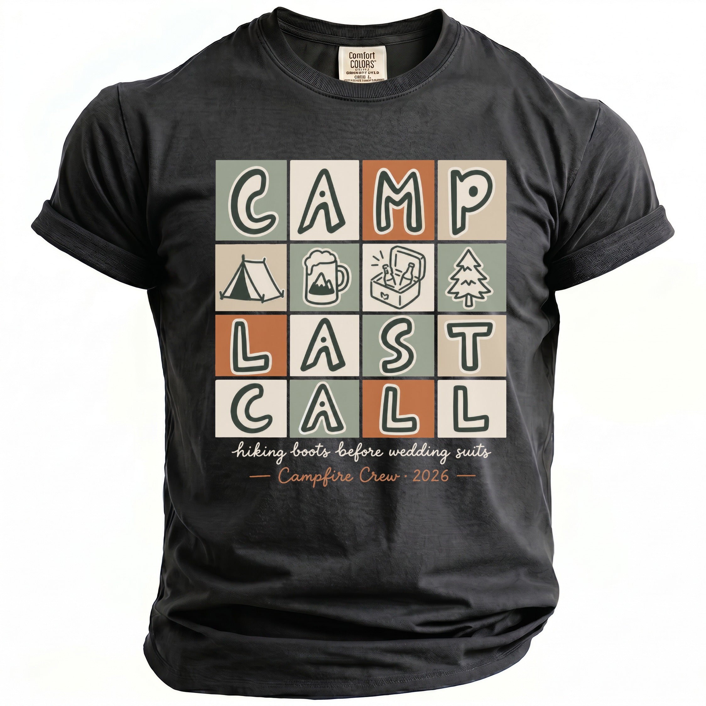 Black t-shirt with "CAMP LAST CALL" graphic featuring camping icons and "Campfire Crew 2026."