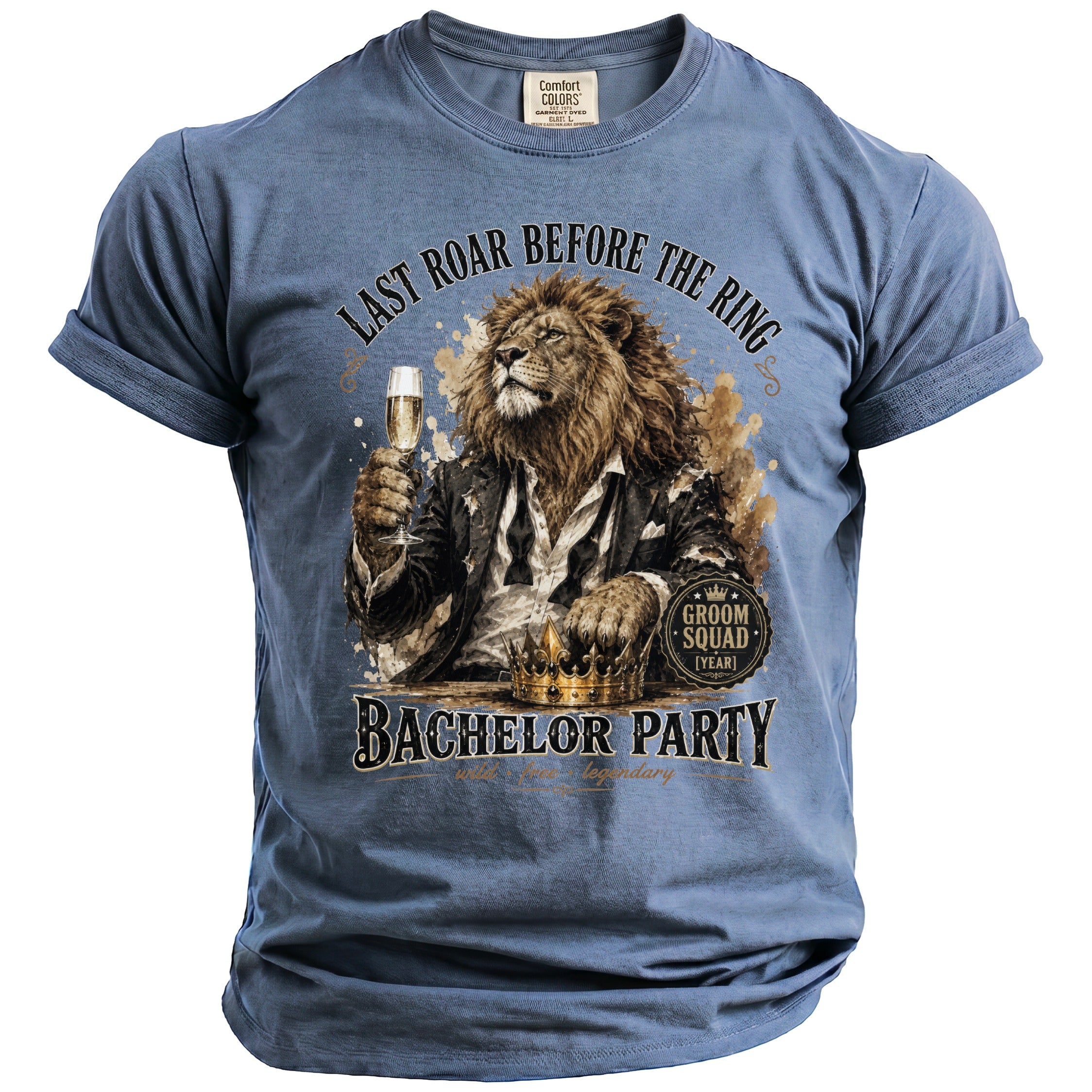 Blue t-shirt with a lion in a suit holding champagne and text about a bachelor party.