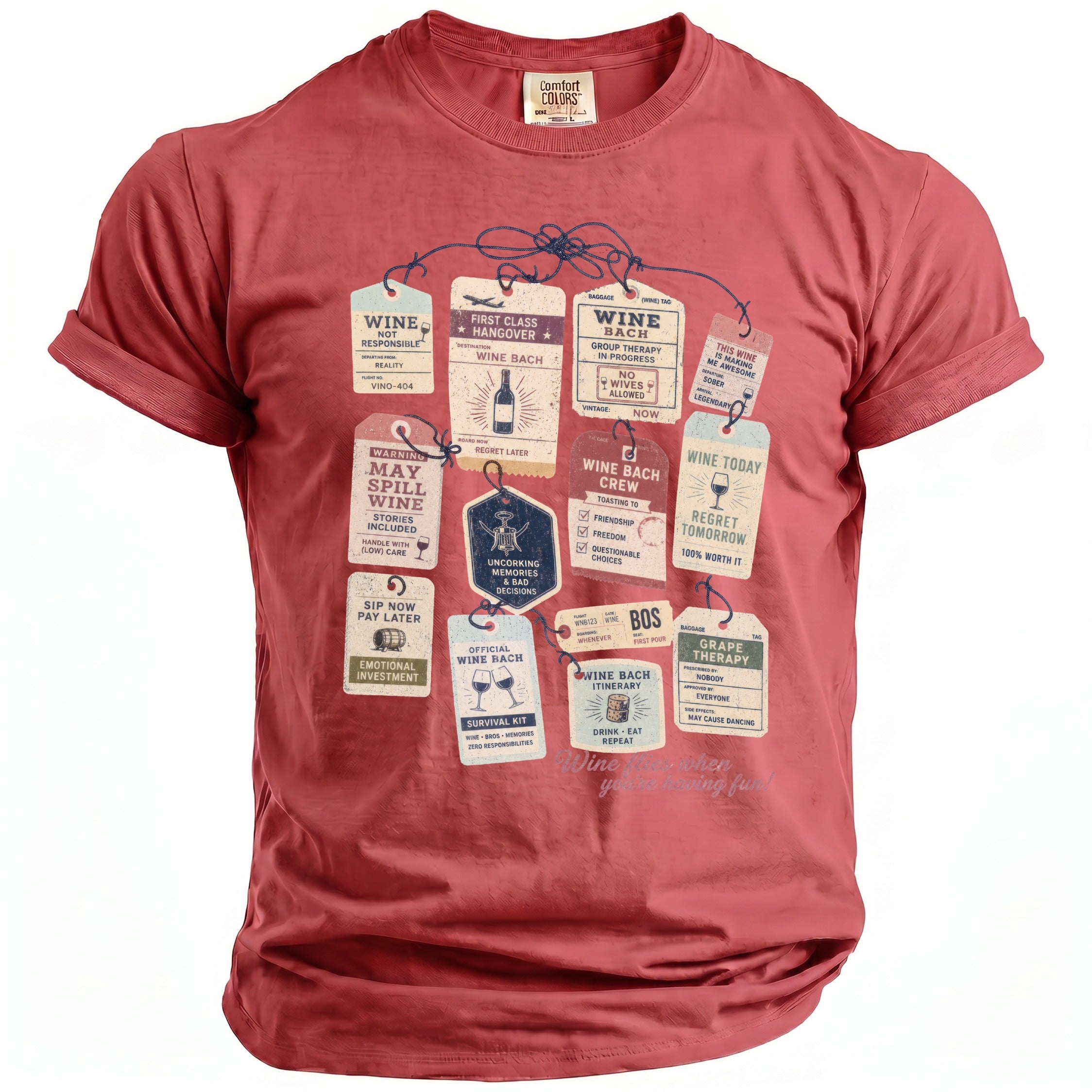 Red t-shirt with wine-themed luggage tags graphic, "Wine is making me awesome".
