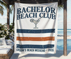 Bachelor Beach Club with cocktail graphic and Groom's Beach Weekend 2026 text.