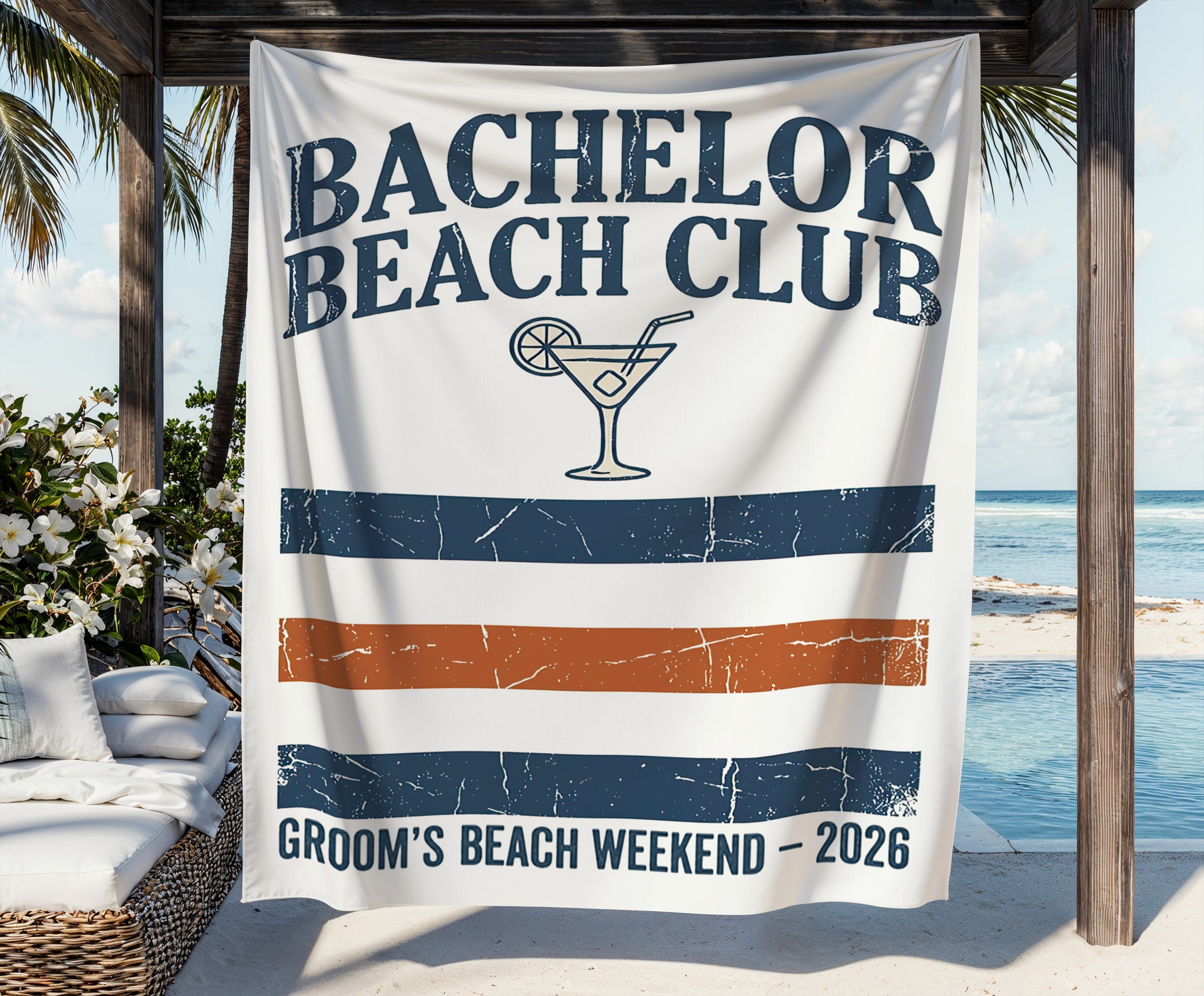 Bachelor Beach Club with cocktail graphic and Groom's Beach Weekend 2026 text.