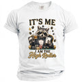 Raccoon in suit holding whiskey and cards with text "IT'S ME I AM THE High Roller".