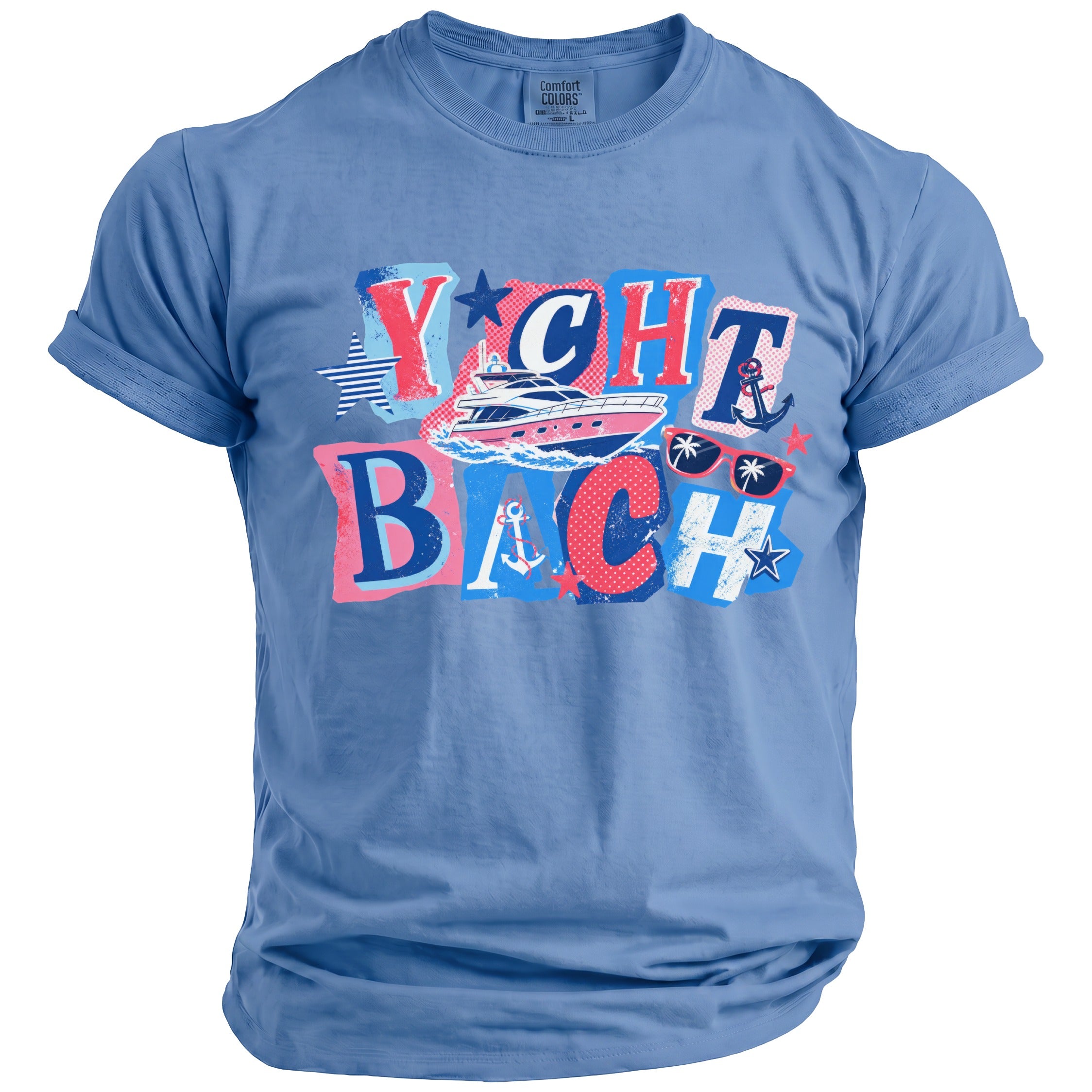 A blue crewneck t-shirt featuring a nautical graphic with the text Yacht Bach, a yacht, sunglasses, and anchors.