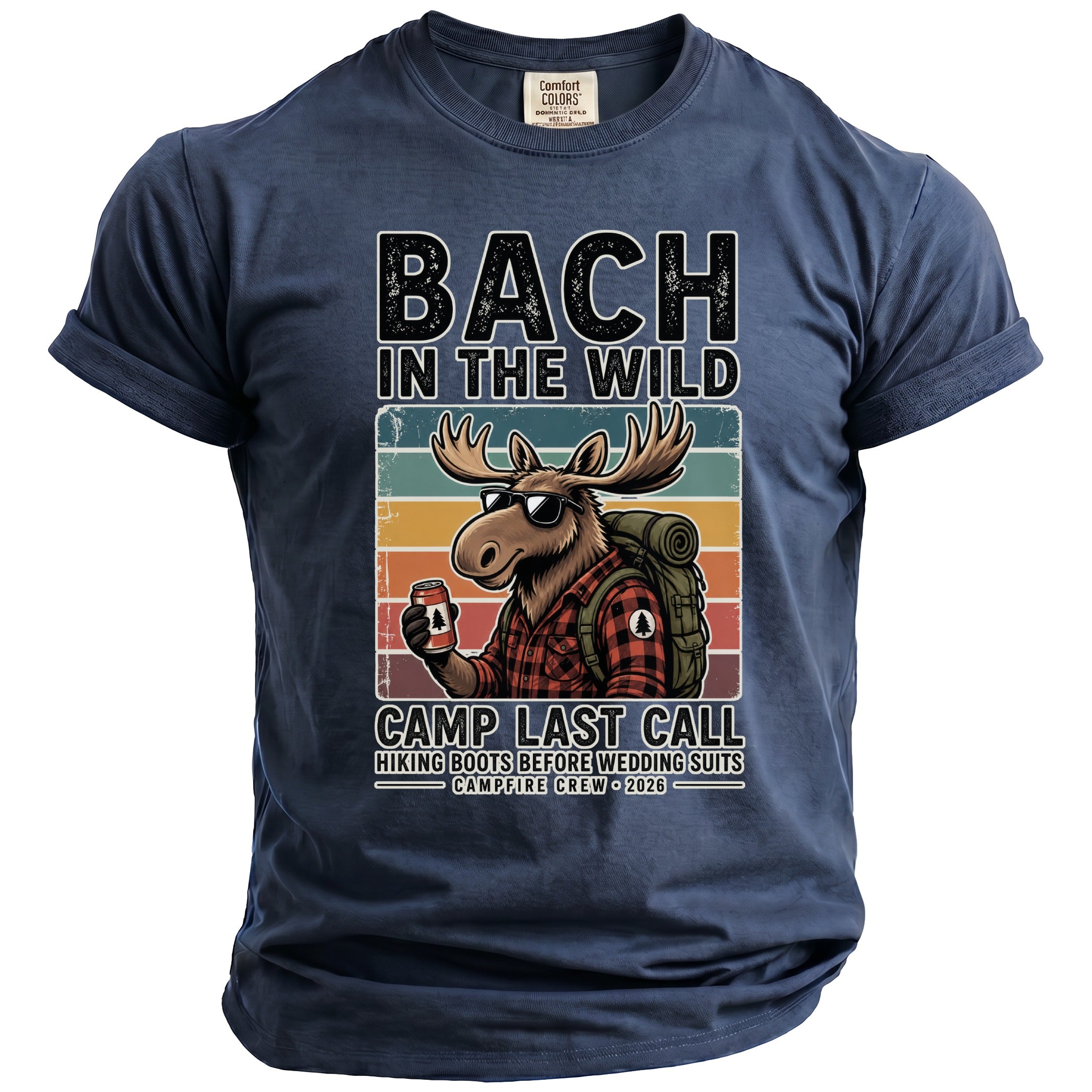 Moose with sunglasses and backpack holding a can, "Bach in the Wild" text.