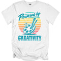 White t-shirt with text "Powered by CREATIVITY" and art palette design.