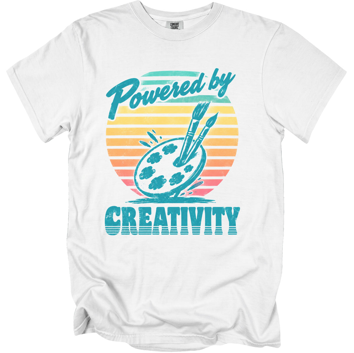 White t-shirt with text "Powered by CREATIVITY" and art palette design.
