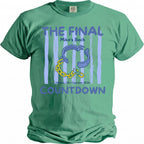 Green t-shirt with "The Final Mike's Bach Countdown" and a broken chain graphic.