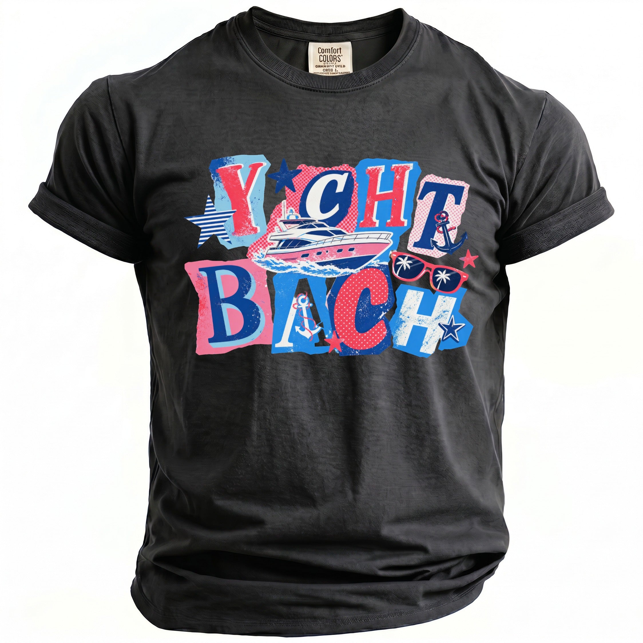 Black t-shirt featuring a colorful graphic design with the text Yacht Bach, a boat, sunglasses, anchors, and stars.