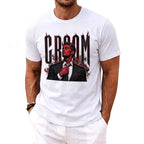 White t-shirt with a graphic of a red-skinned man with devil horns and smoke.
